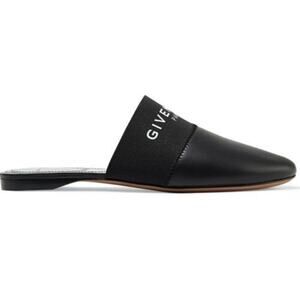 Givenchy Mule Bedford Black Leather White Logo Backless Slide Slip On Flat 36.5